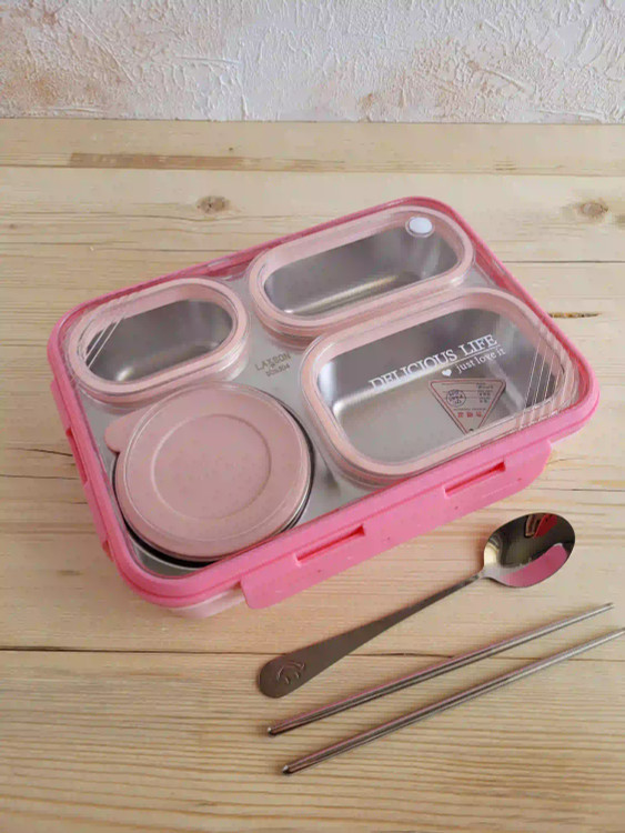 ظرف غذای واشر دار کاسه دار چهارخانه از برند delicious رنگ صورتی