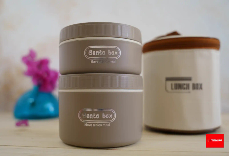 ظرف غذا(لانچباکس) دوتیکه داخل استیل 1200میل همراه با کیف(لانچبگ)رنگ نسکافه ای