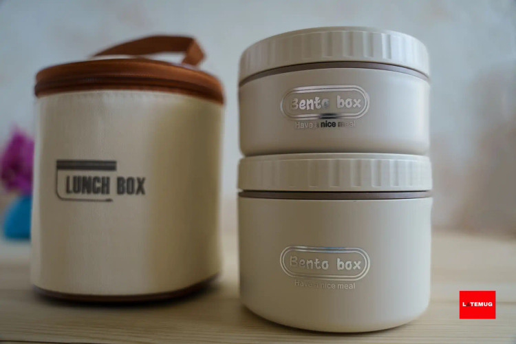 ظرف غذا(لانچ باکس)دوتیکه داخل استیل 1200میل همراه با کیف(لانچبگ)رنگ کرم