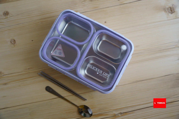 ظرف غذای استیل واشر جدا ۳خانه بنفش همراه با قاشق و چاپ استیک