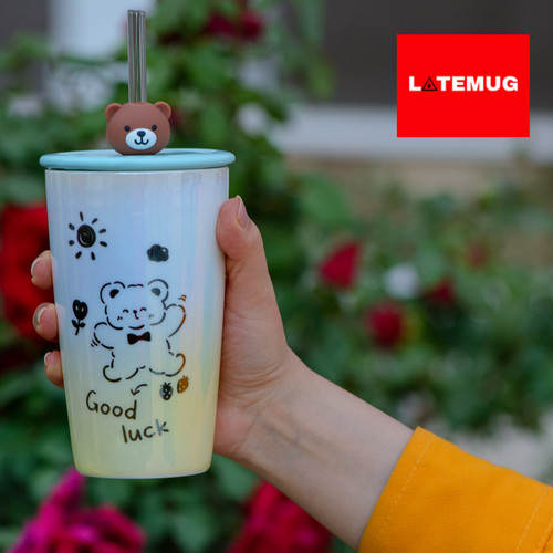 ماگ اسموتی سرامیکی خرسی درب آبی آسمانی