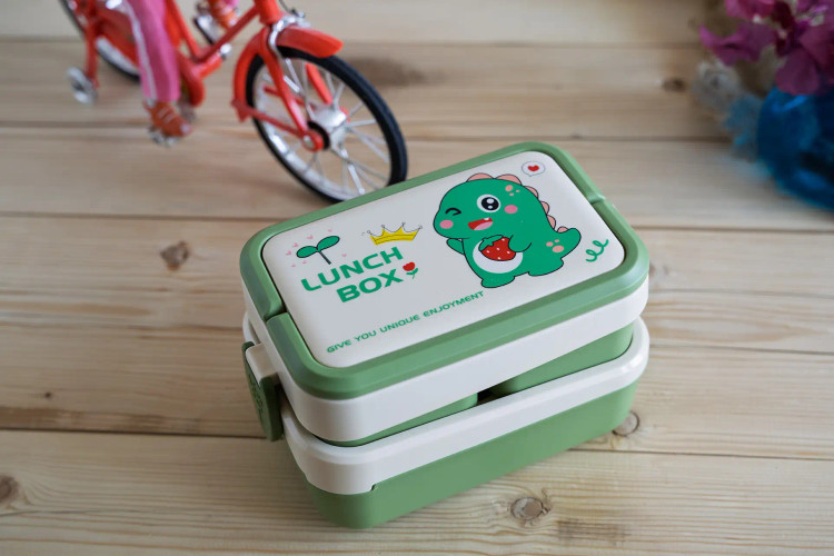 ظرف غذای دوطبقه سه تیکه پلاستیکی ماکروفری طرح دایناسور