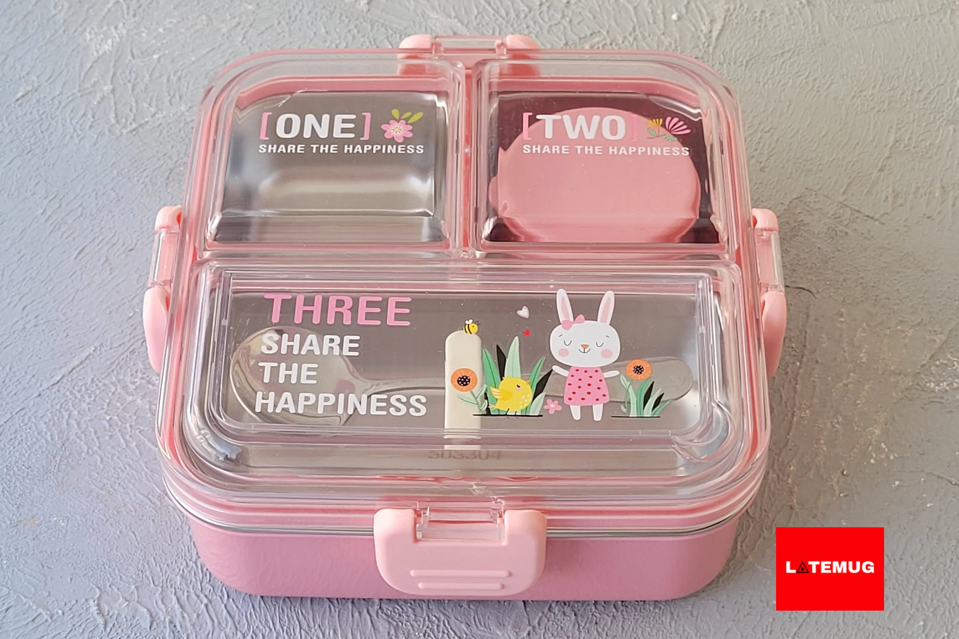 ظرف غذای سه قسمتی کاسه دارداخل استیل واشر جدا رنگ صورتی