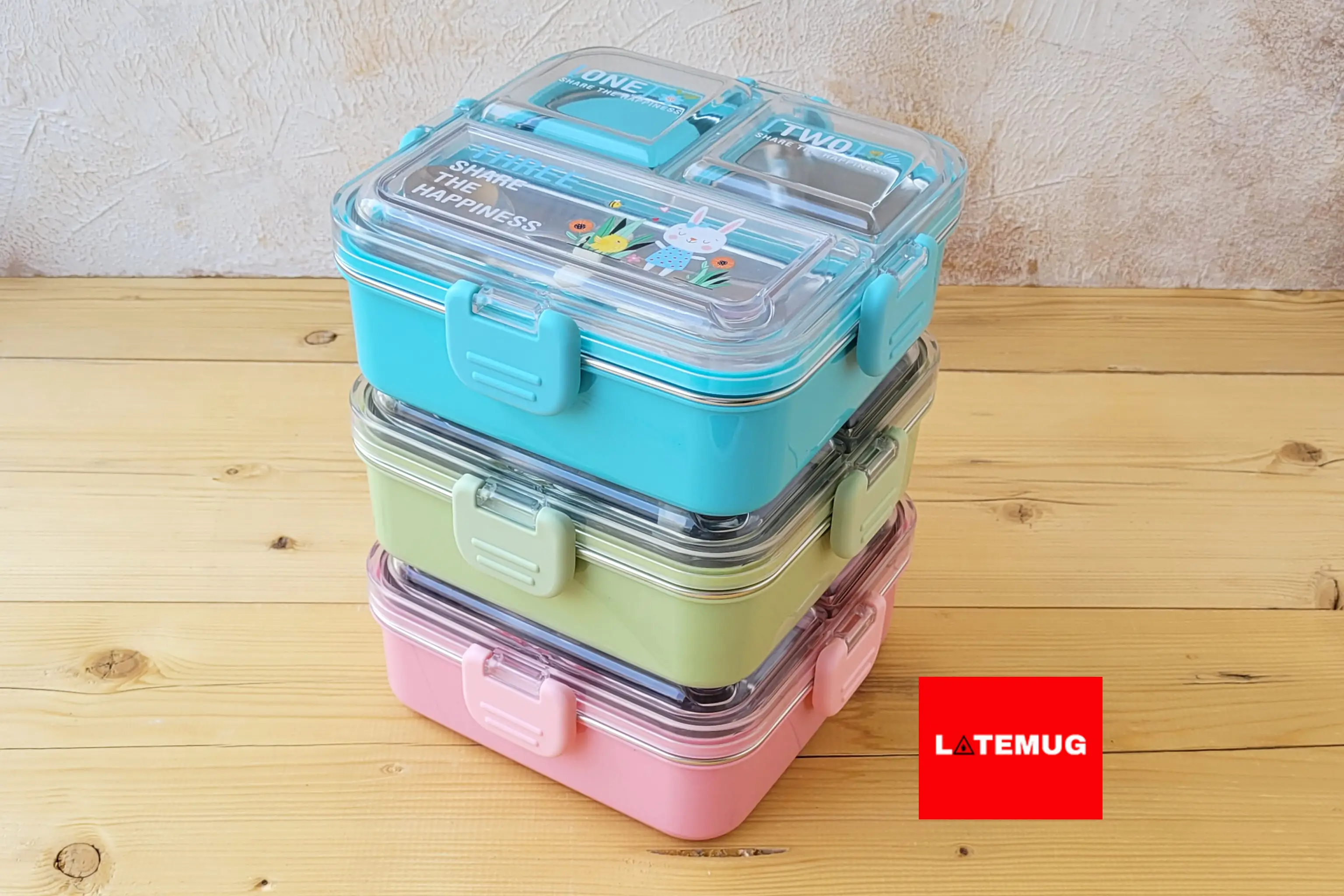 ظرف غذای سه خانه کاسه دار داخل استیل واشردار در سه رنگ صورتی و سبز و آبی