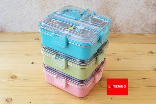 ظرف غذای سه خانه کاسه دار داخل استیل واشردار در سه رنگ صورتی و سبز و آبی