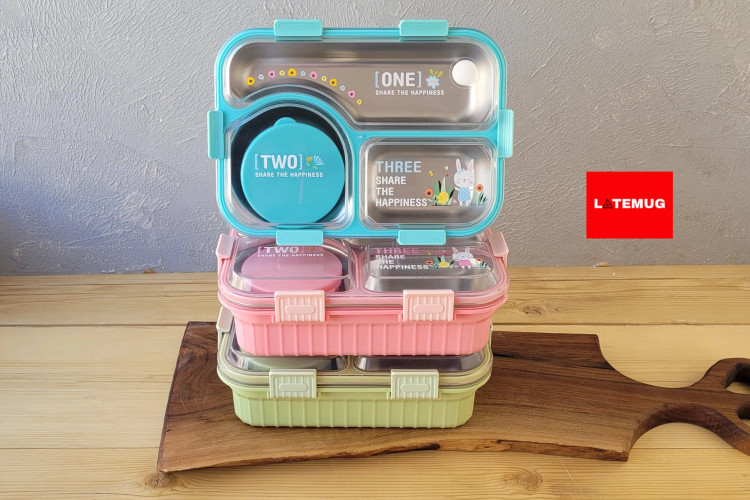 ظرف غذای سه خانه داخل استیل واشر دار مستطیلی کاسه دار در سه رنگ صورتی، آبی، سبز