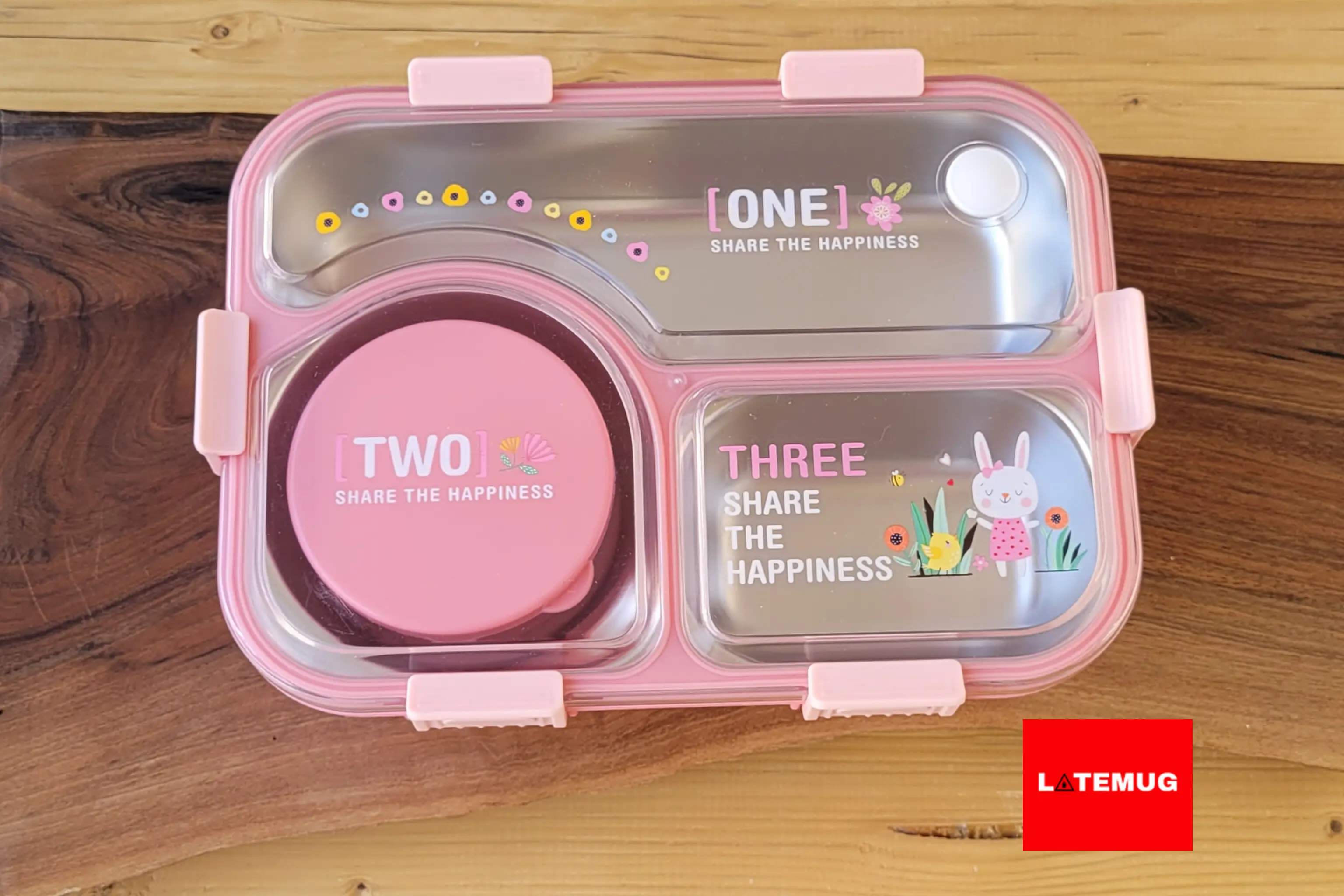 ظرف غذای سه خانه داخل استیل واشر دار مستطیلی کاسه دار صورتی