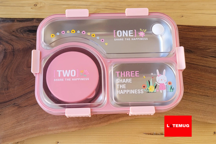 ظرف غذای سه خانه داخل استیل واشر دار مستطیلی کاسه دار صورتی