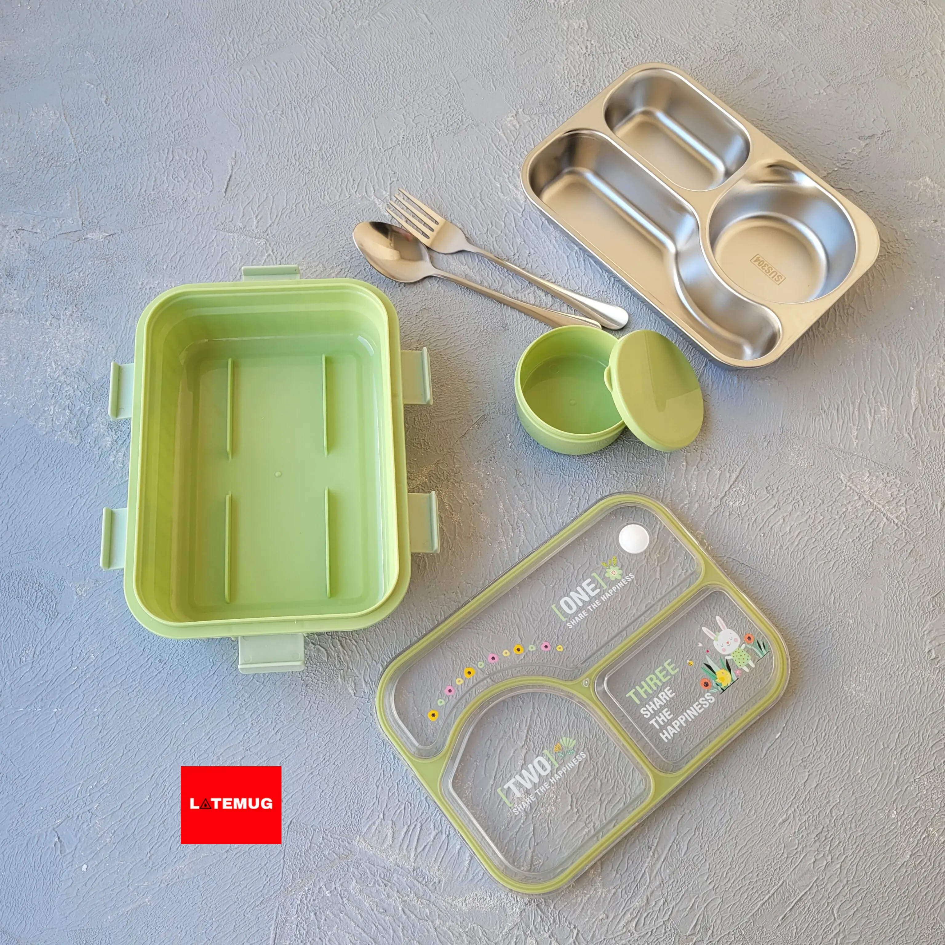 قسمت‌های تشکیل دهنده ظرف غذای سه خانه داخل استیل واشر دار مستطیلی:ظرف استیل جدا شونده ، ظرف پلاستیکی، کاسه، قاشق چنگال استیل، درب واشردار