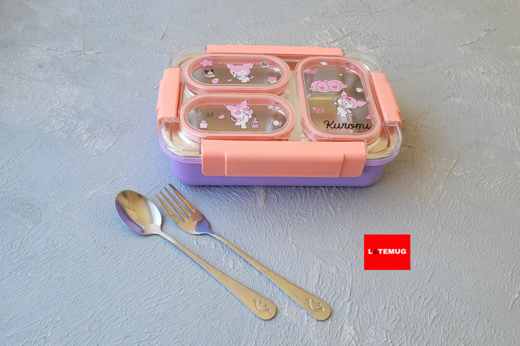 ظرف غذای سه خانه داخل استیل واشر جدا کرومی با قاشق و چنگال استیل