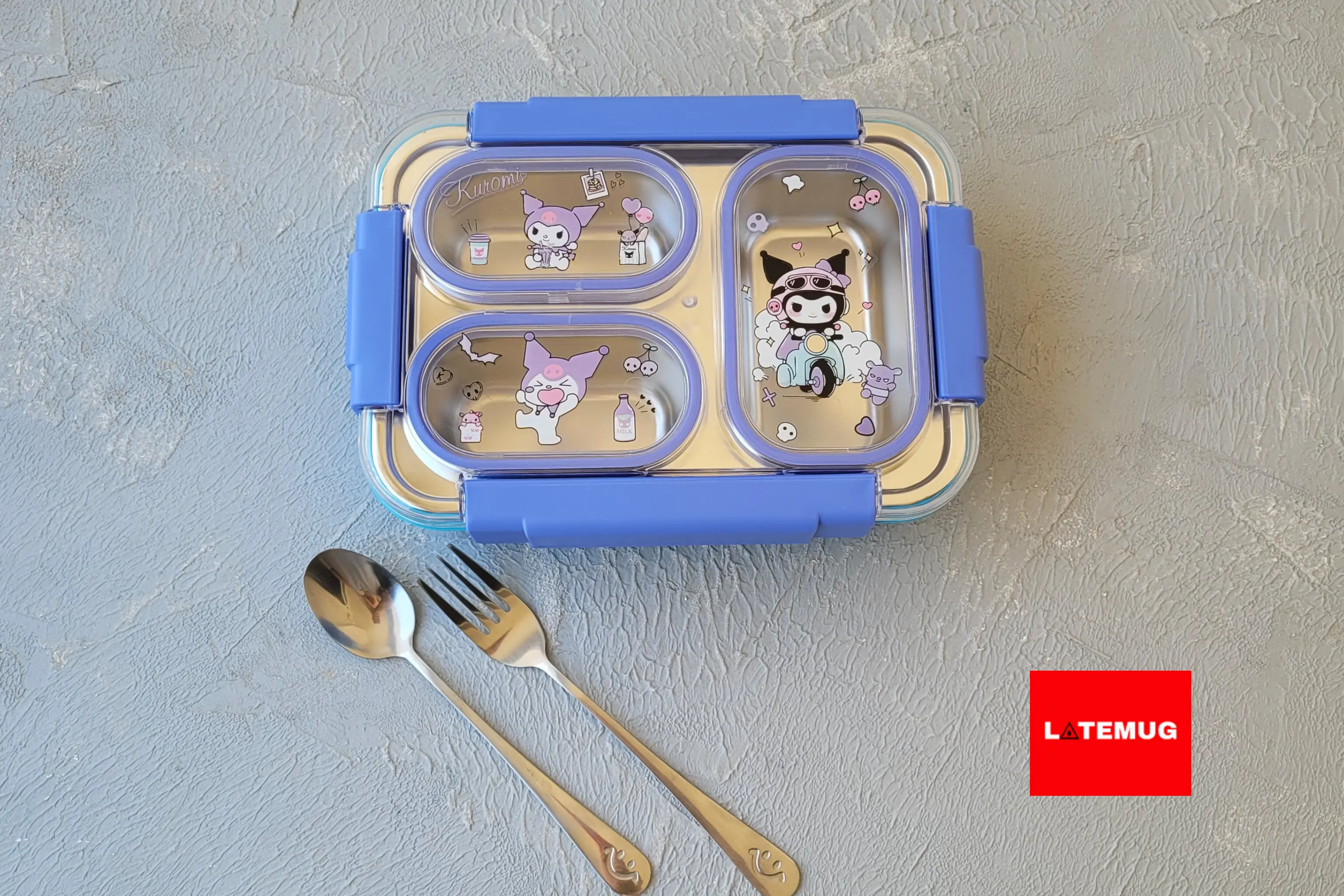 ظرف غذای سه خانه کرومی داخل استیل واشردار همراه با قاشق و چنگال استیل