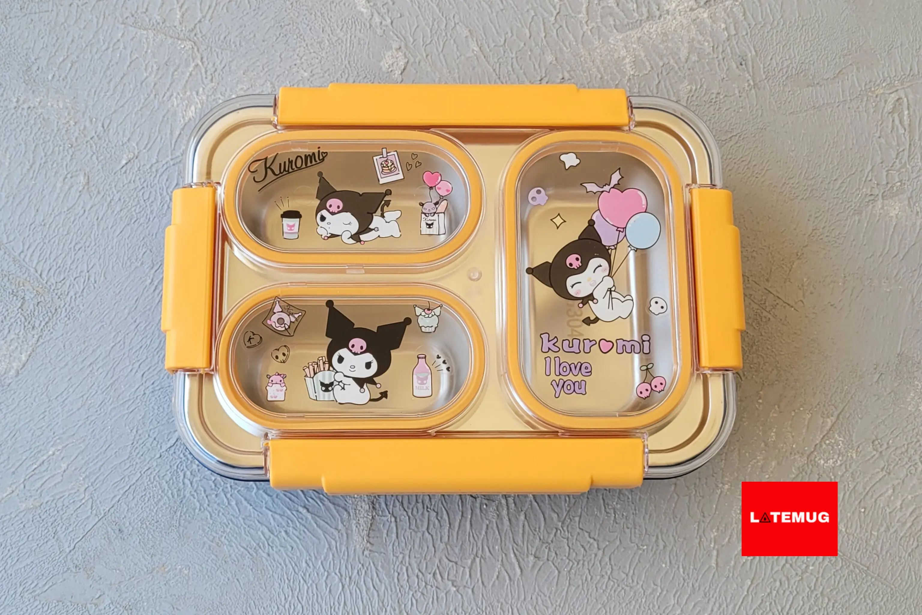 ظرف غذای کرومی سه خانه داخل استیل واشر دار رنگ زرد سورمه ای همراه با قاشق و چنگال استیل