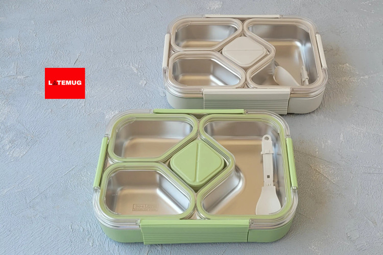 ظرف غذای 5خانه داخل استیل کاسه دار واشردار در دورنگ سفید و سبز