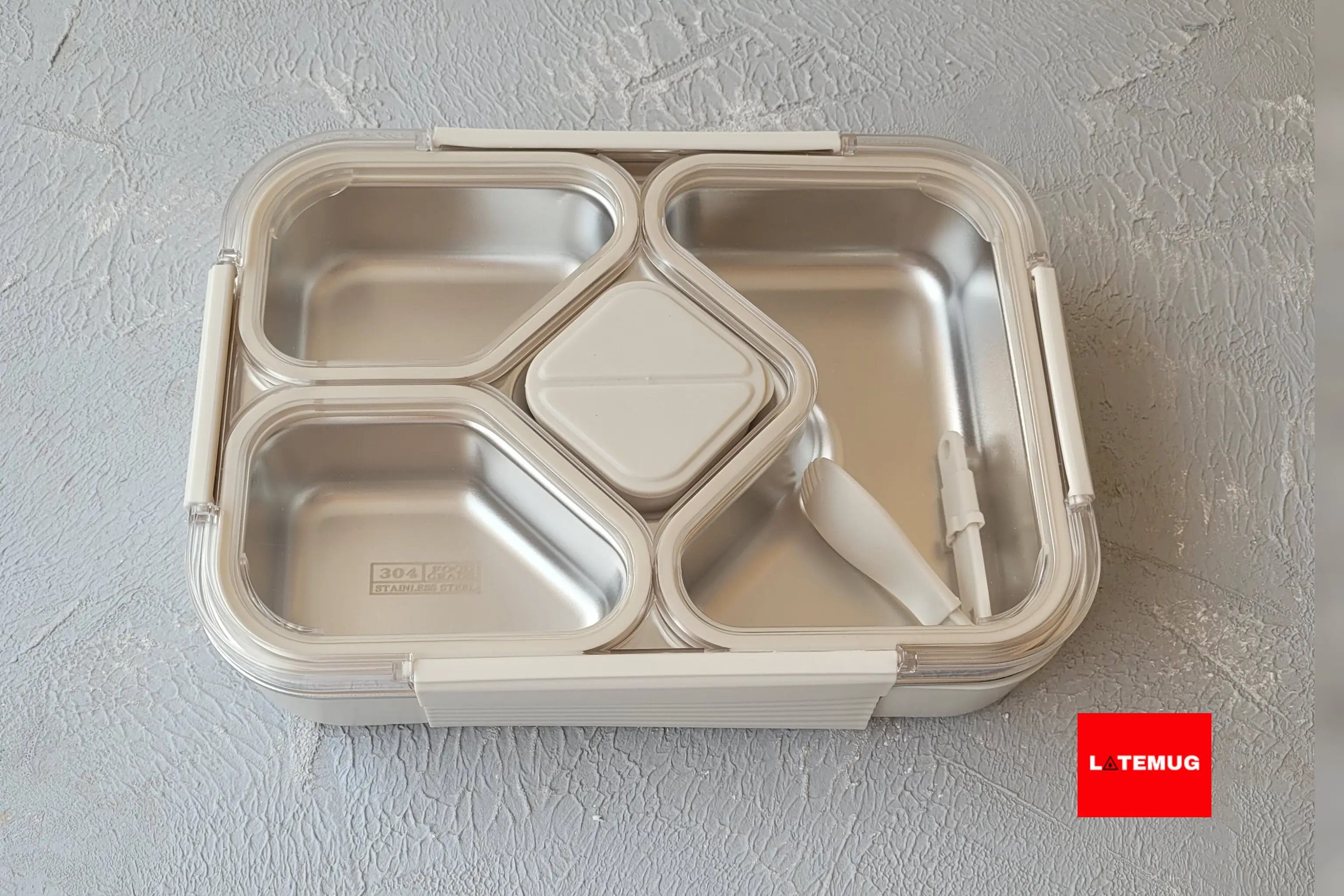 ظرف غذای 5خانه داخل استیل کاسه دار واشردار با قاشق تاشو رنگ سفید