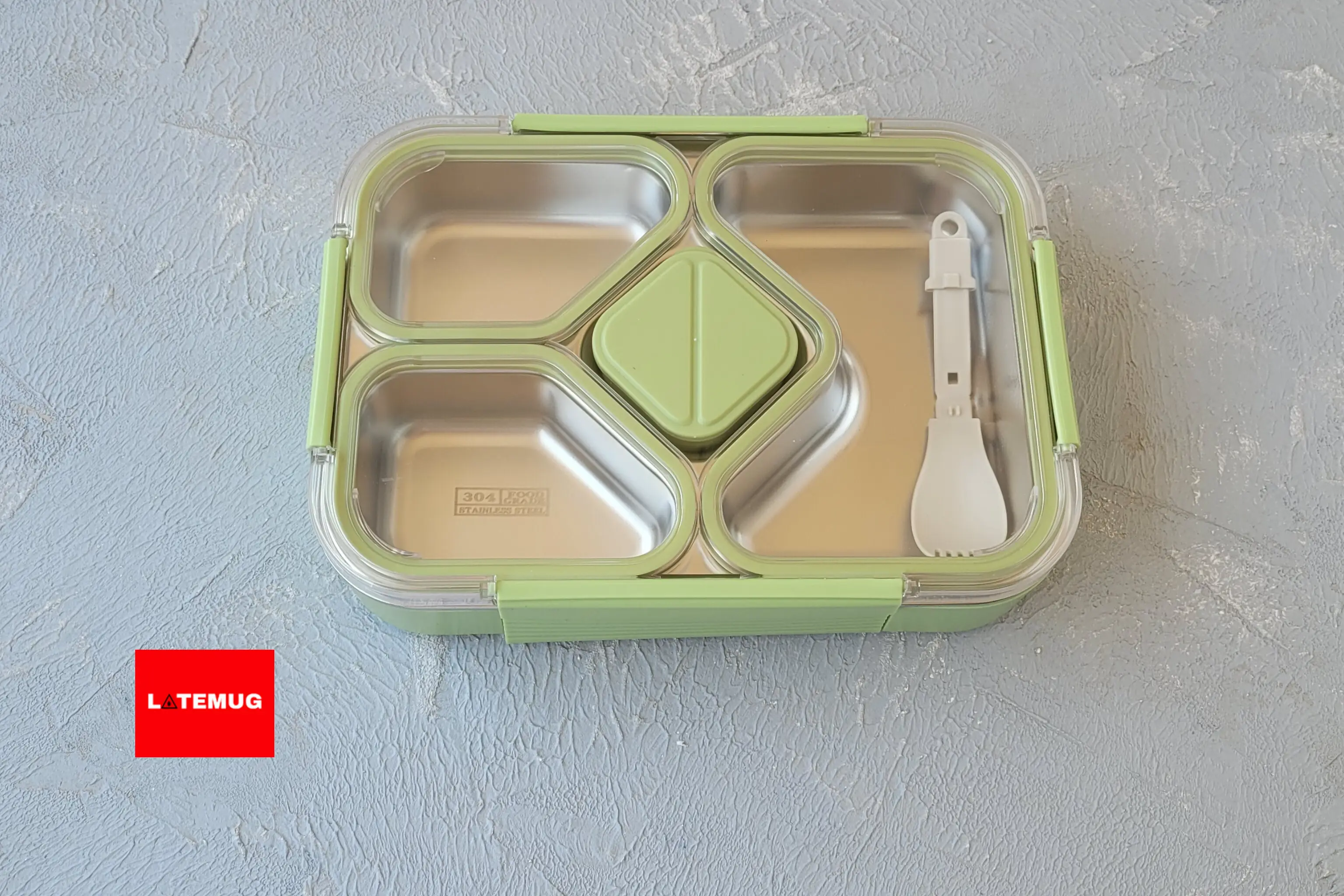 ظرف غذای پنج خانه داخل استیل واشر دار کاسه دار با قاشق تاشو رنگ سبز