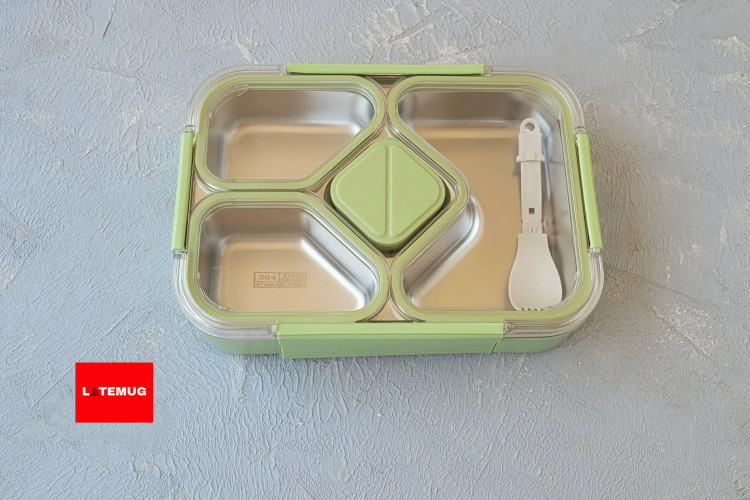 ظرف غذای پنج خانه داخل استیل واشر دار کاسه دار با قاشق تاشو رنگ سبز