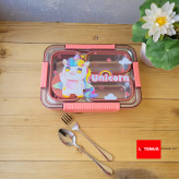 ظرف غذای سه خانه یونیکورن کاسه دار داخل استیل همراه با قاشق و چنگال استیل و کاسه