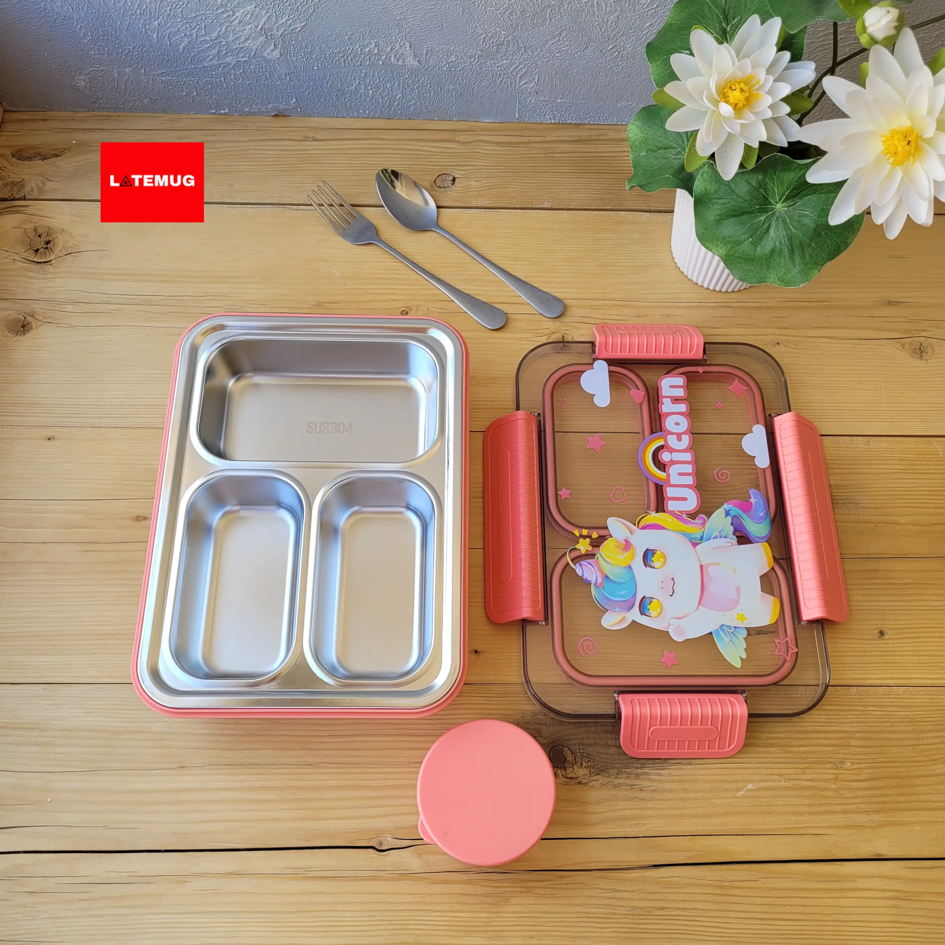 ظرف غذای سه خانه داخل استیل واشر جدا کاسه دار طرح یونیکورن همراه باقاشق و چنگال استیل