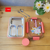 ظرف غذای سه خانه داخل استیل واشر جدا کاسه دار طرح یونیکورن همراه باقاشق و چنگال استیل