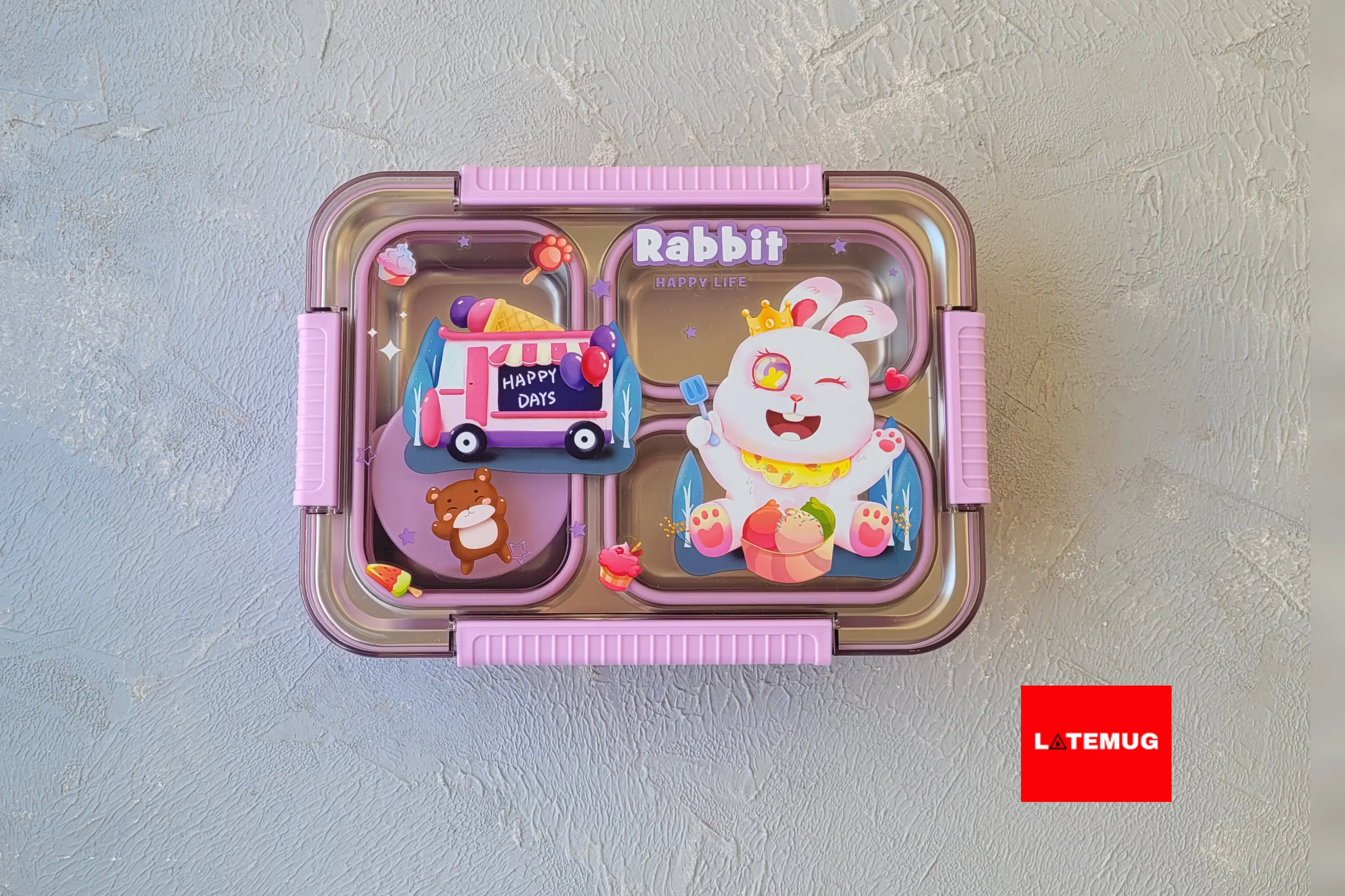 ظرف غذای سه خانه خرگوشی داخل استیل واشر دار کاسه دار همراه با قاشق و چنگال استیل اختصاصی