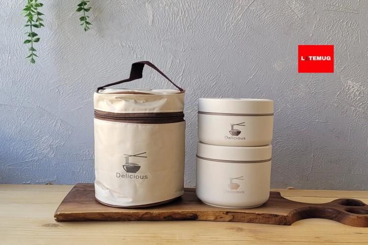 ظرف غذای دو تایی گرد دلیشز رنگ کرم همرا با کیف عایق حرارتی