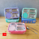 ظرف غذای چهار خانه کاسه دار داخل استیل واشر جدا در سه رنگ صورتی سبز یاسی