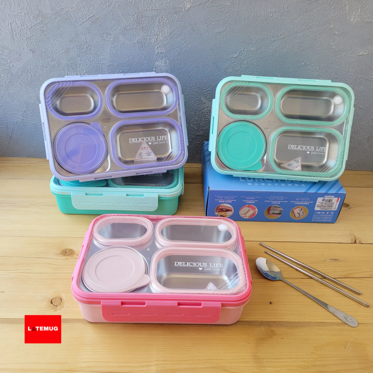 ظرف غذای چهار خانه کاسه دار داخل استیل واشر جدا در سه رنگ صورتی سبز یاسی