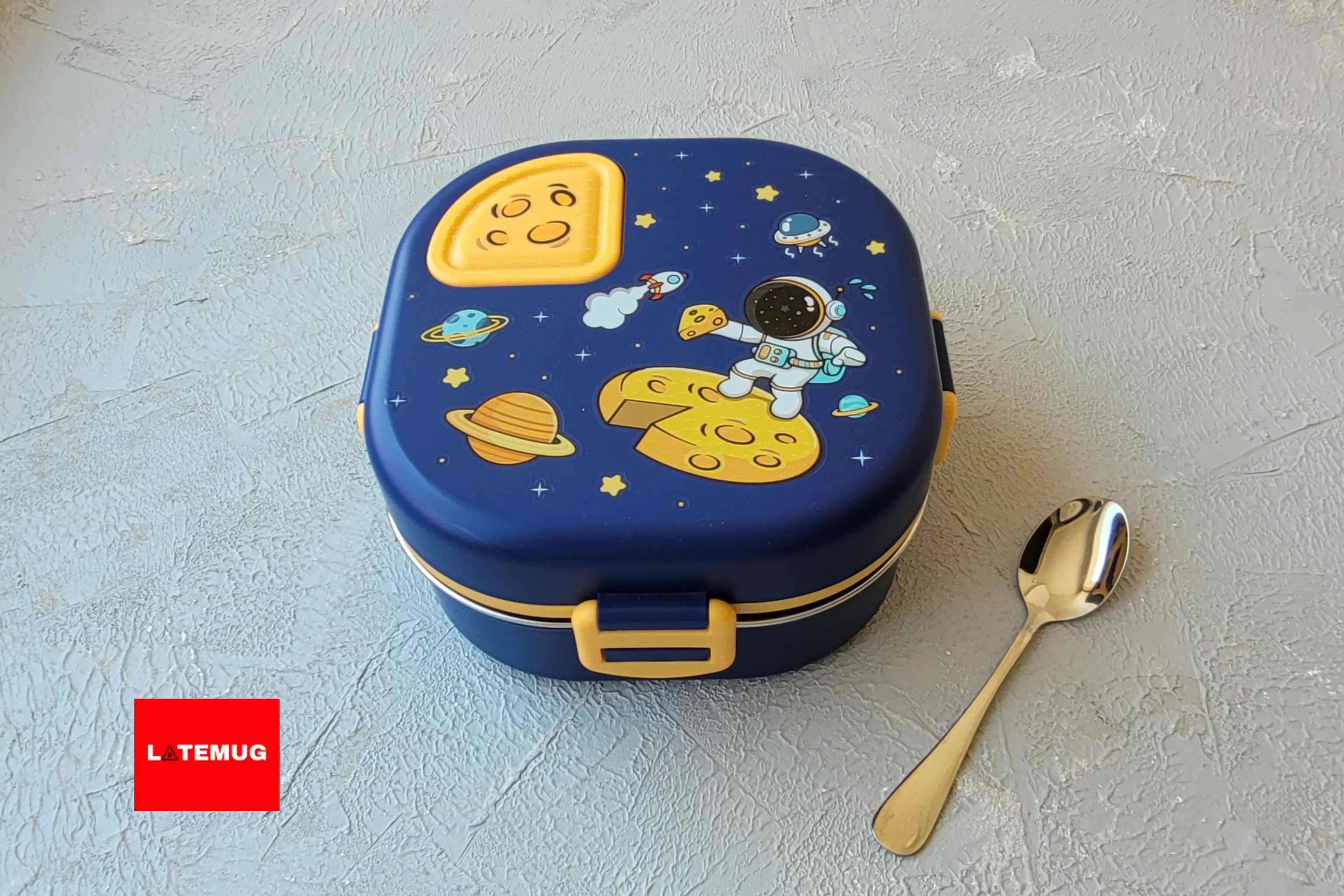 ظرف غذای یک و نیم طبقه فضانورد سرمه ای همراه با قاشق استیل اختصاصی