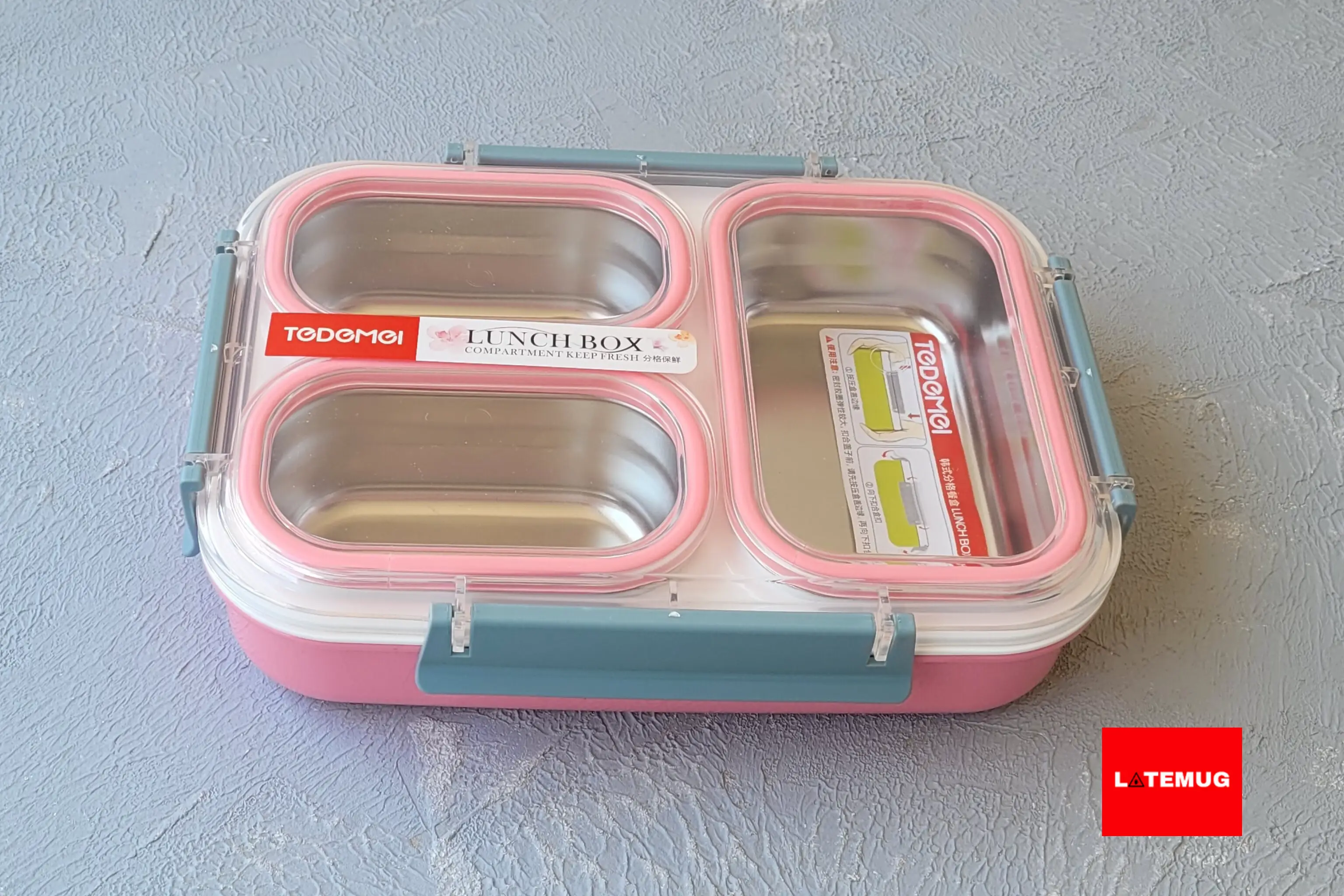 ظرف غذای سه خانه داخل استیل واشر دار از برند تدمی رنگ صورتی با قابلیت جدا شدن استیل هر خانه