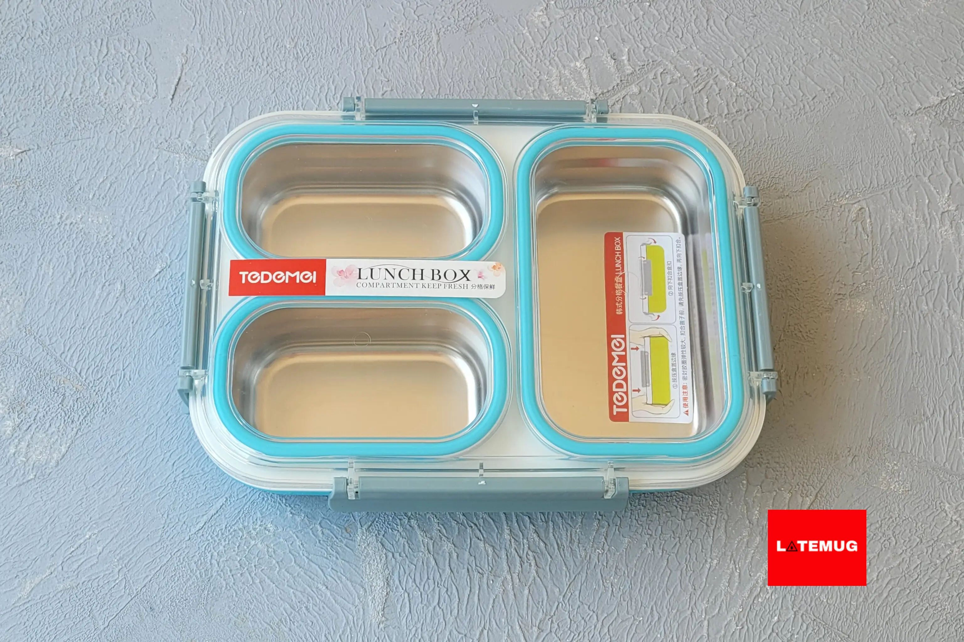 ظرف غذای سه خانه داخل استیل واشر دار از برند تدمی رنگ آبی با قابلیت جدا شدن استیل هر خانه