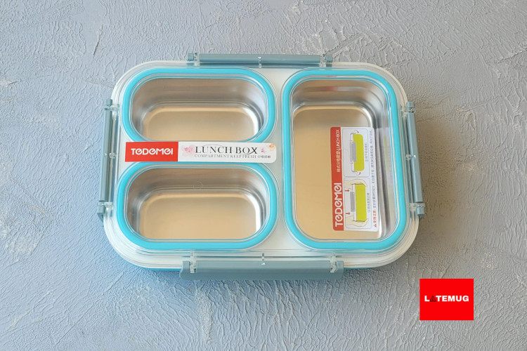 ظرف غذای سه خانه داخل استیل واشر دار از برند تدمی رنگ آبی با قابلیت جدا شدن استیل هر خانه