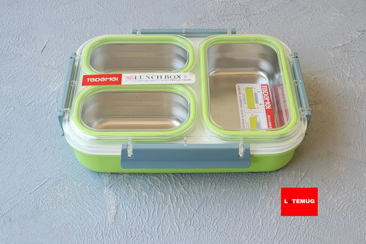 ظرف غذای سه خانه داخل استیل واشر دار از برند تدمی رنگ سبز با قابلیت جدا شدن استیل هر خانه