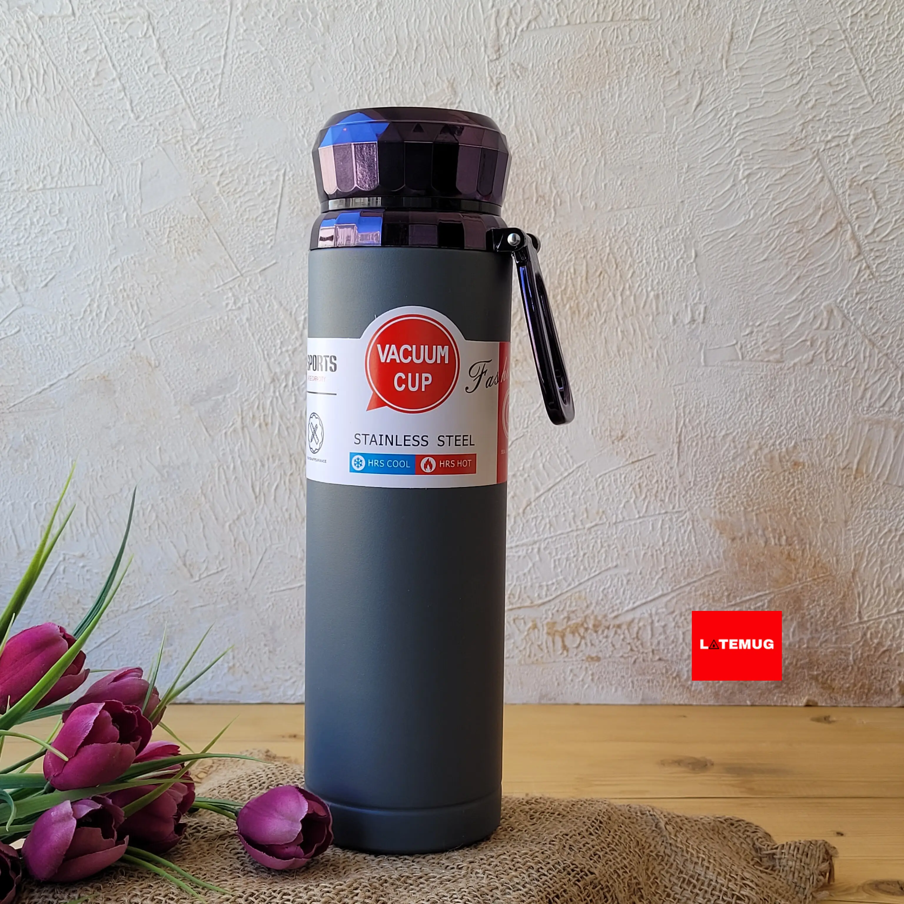 فلاسک درب الماسی یک لیتری استیل رنگ خاکستری