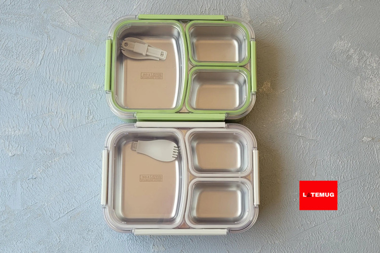 ظرف غذای سه خانه داخل استیل واشر جدا با قاشق پلاستیکی در دو رنگ سفید و سبز