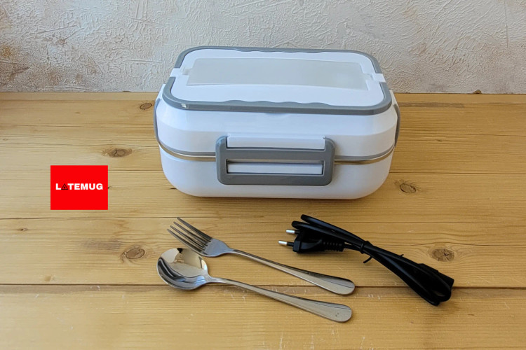 ظرف غذای برقی سه خانه 1/5لیتری همراه با قاشق و چنگال استیل رنگ سفید خاکستری